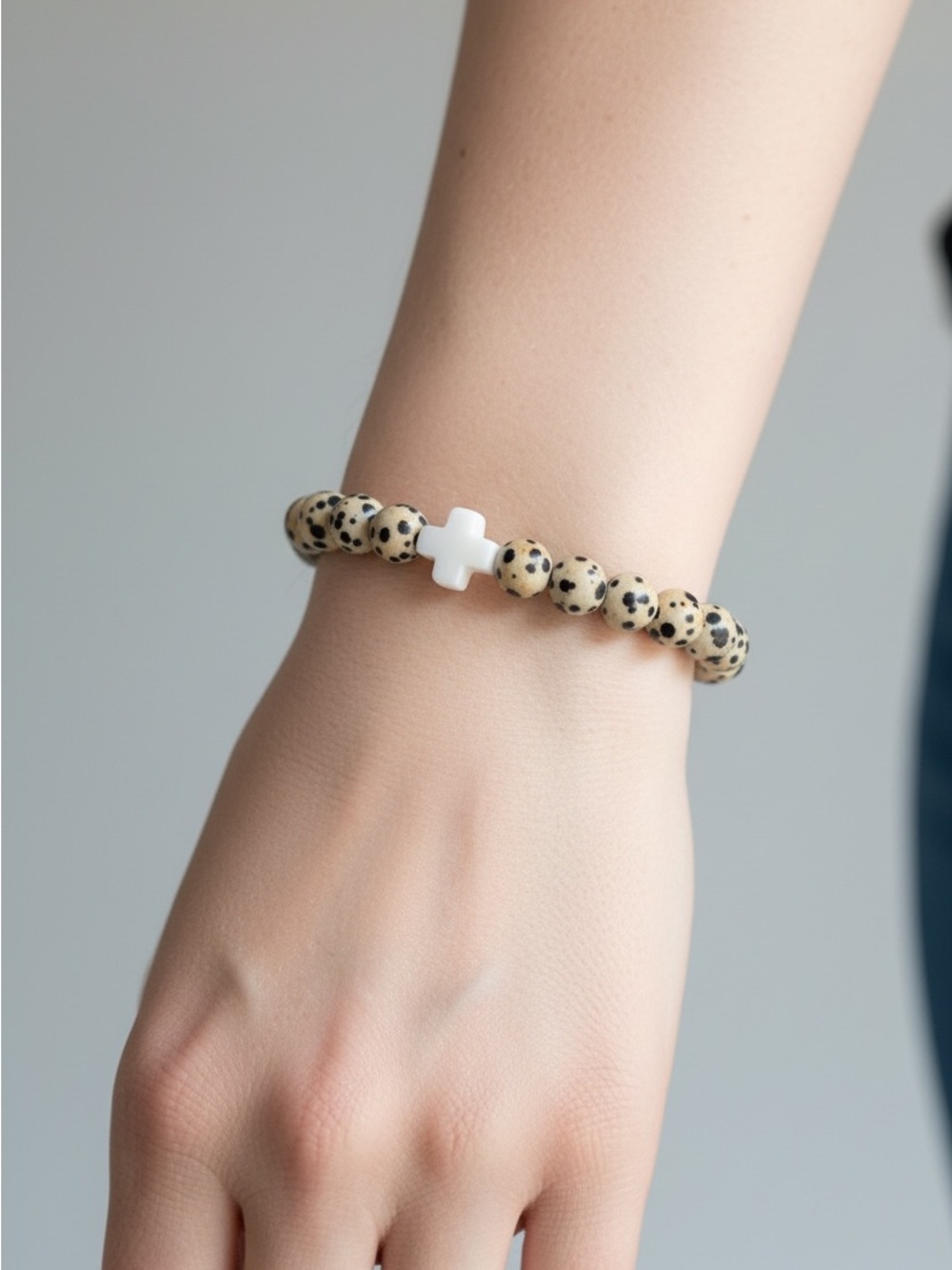 9/25 Beaded Dalmatian Jasper Bracelet with White Cross Accent